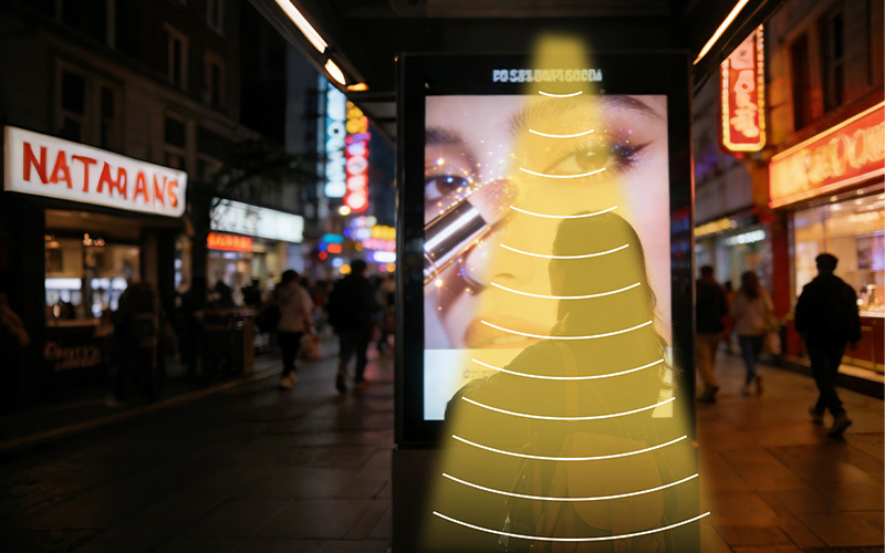 戶外美妝廣告牌集成定向揚(yáng)聲器，定向發(fā)聲示意圖